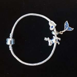 Silver charm bracelet I love Alaska whale tail reindeer charm with blue crystals